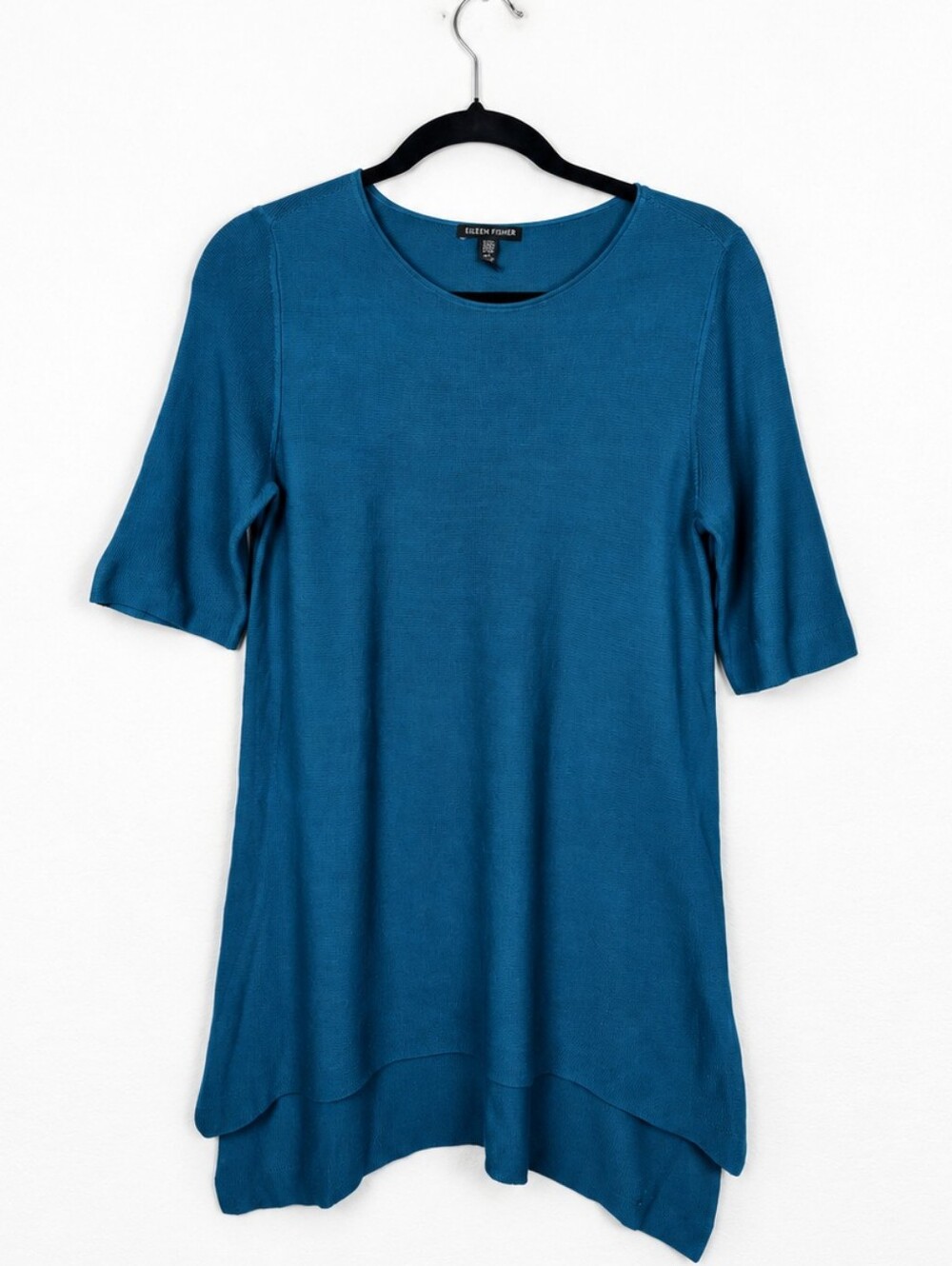 Eileen Fisher XS Teal Tencel Lyocell Knit Tunic Asym Hem Elbow Sleeve Soft Top
